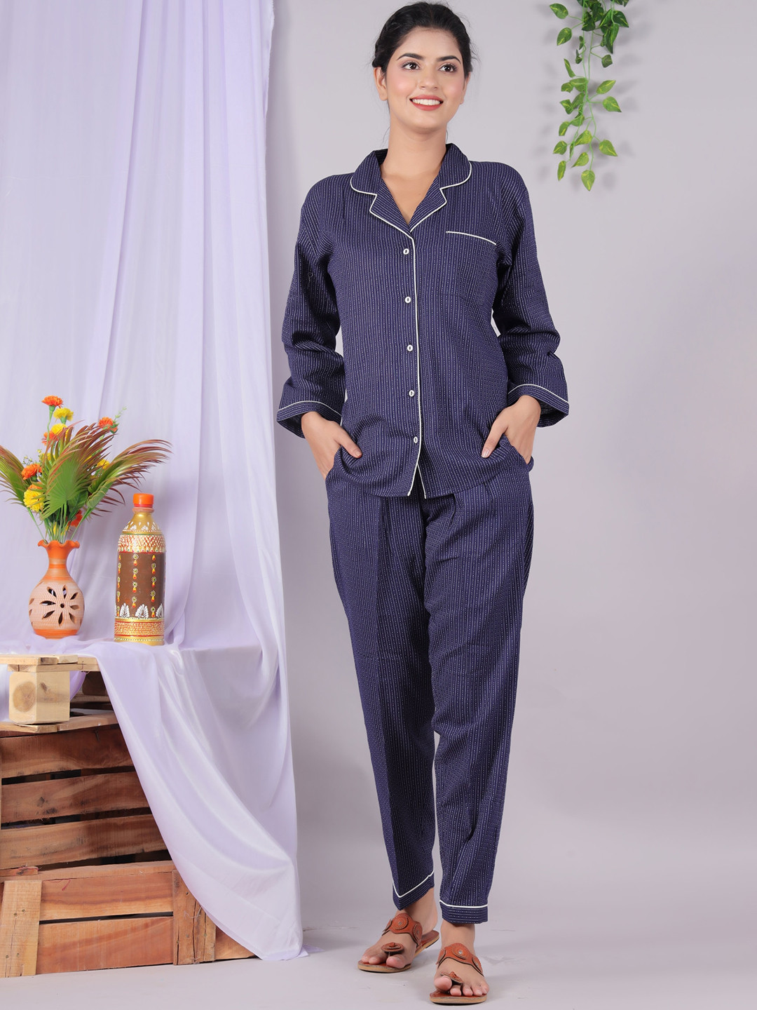 

HERE&NOW Navy Blue & White Striped Shirt With Pyjamas Pure Cotton Night suit