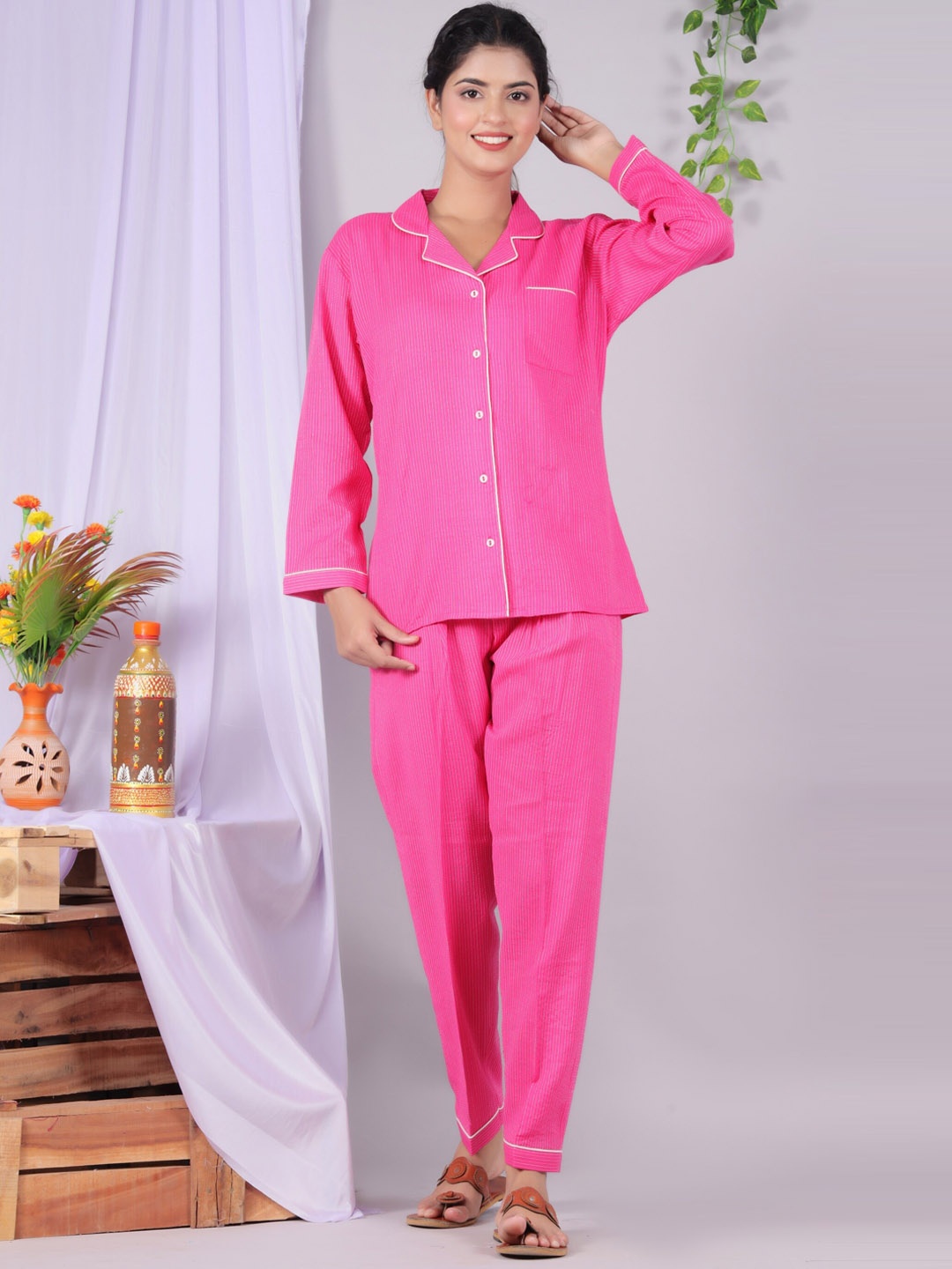 

HERE&NOW Pink & White Striped Shirt & Pyjamas Pure Cotton Night Suit