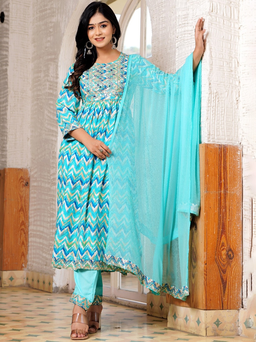 

Hatheli Ethnic Mirror Work Anarkali Kurta with Trousers & Dupatta, Blue