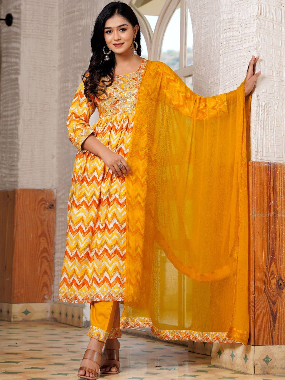

Hatheli Ethnic Mirror Work Anarkali Kurta with Trousers & Dupatta, Yellow