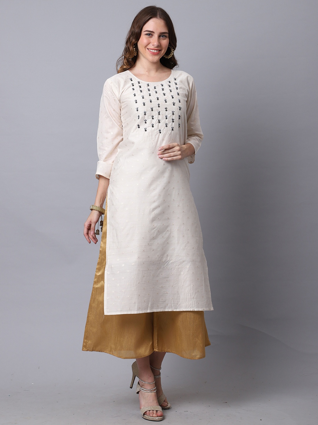 

Roly Poly Ethnic Motifs Embroidered Beads & Stones Detail Chanderi Cotton Straight Kurta, Off white