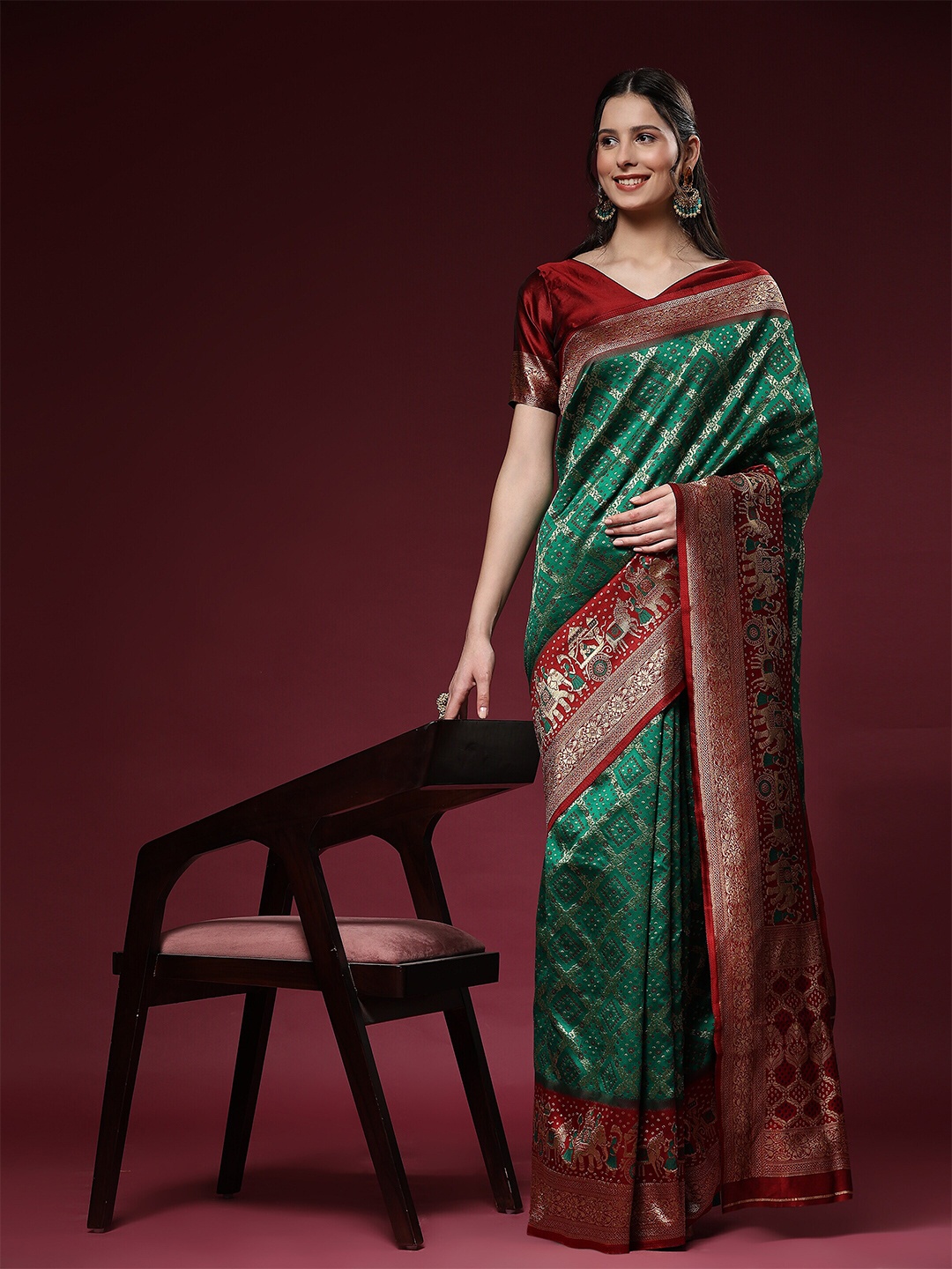 

PHEASANT Ethnic Motifs Woven Design Zari Saree, Green