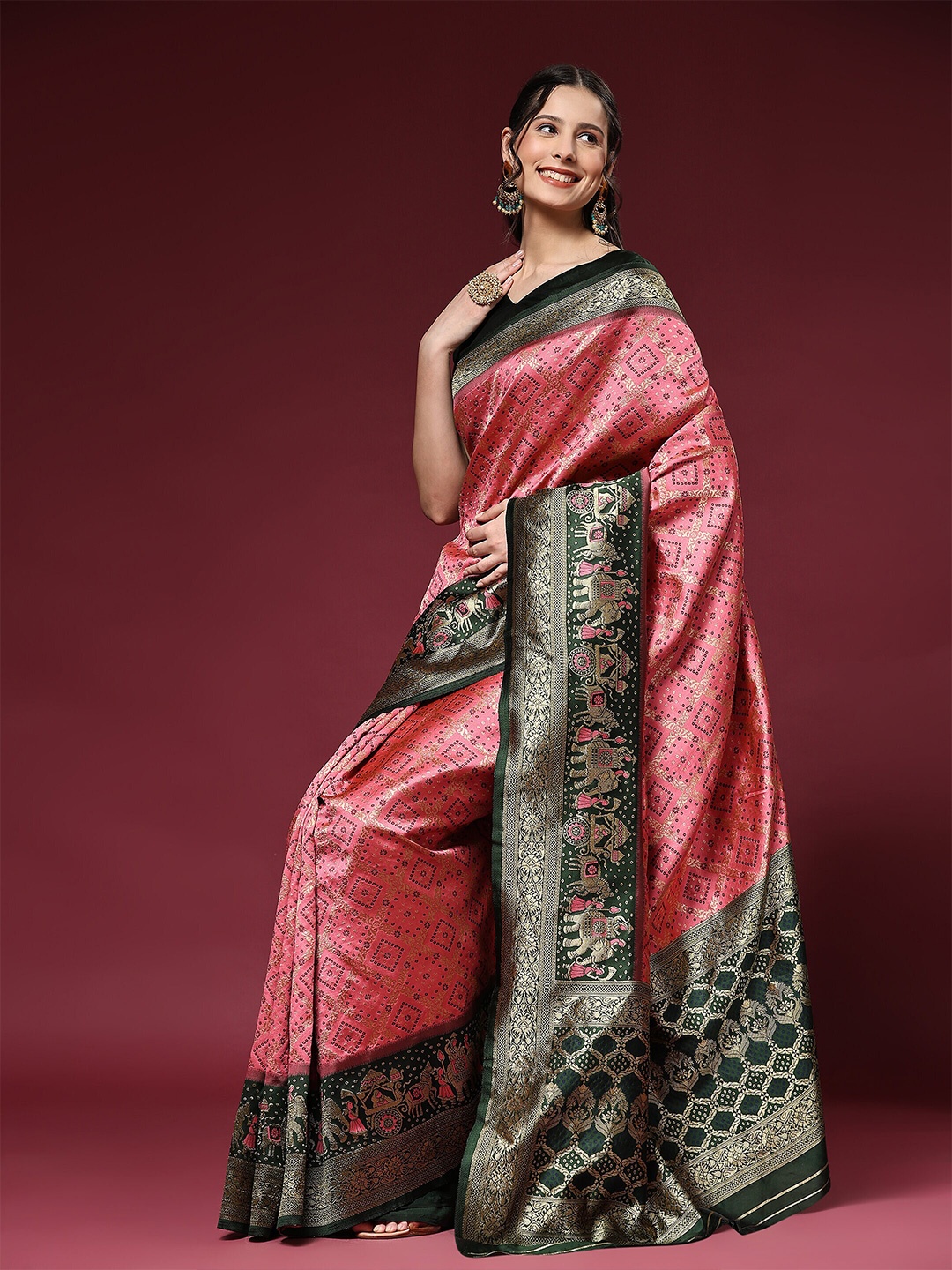 

PHEASANT Ethnic Motifs Printed Zari Silk Blend Saree, Pink