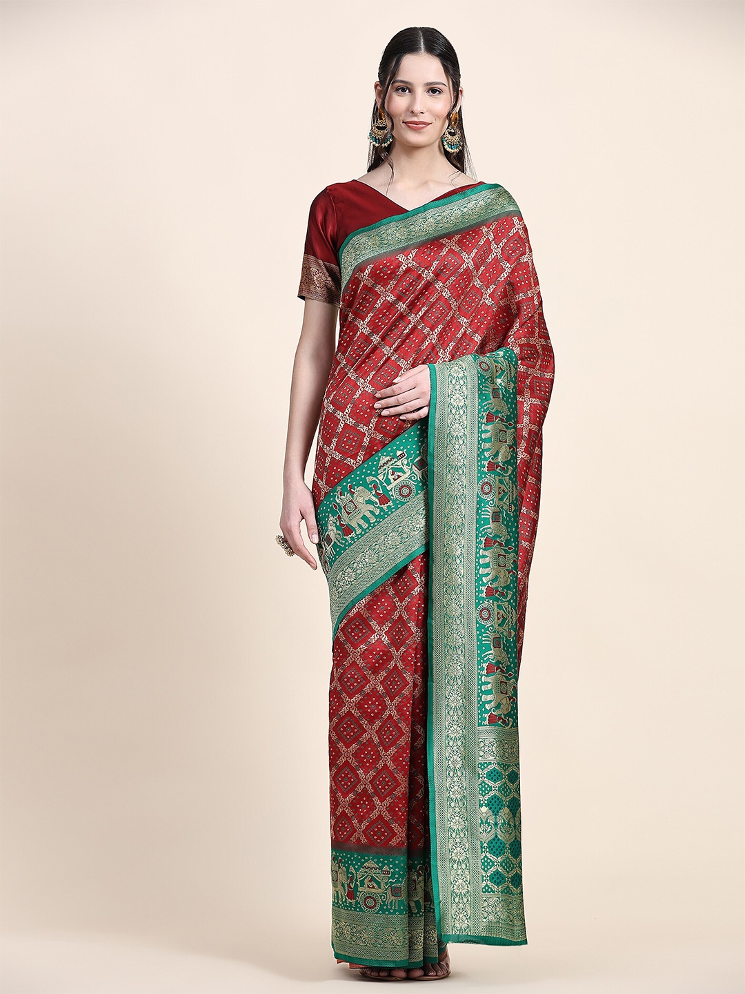 

PHEASANT Ethnic Motifs Printed Zari Silk Blend Saree, Maroon