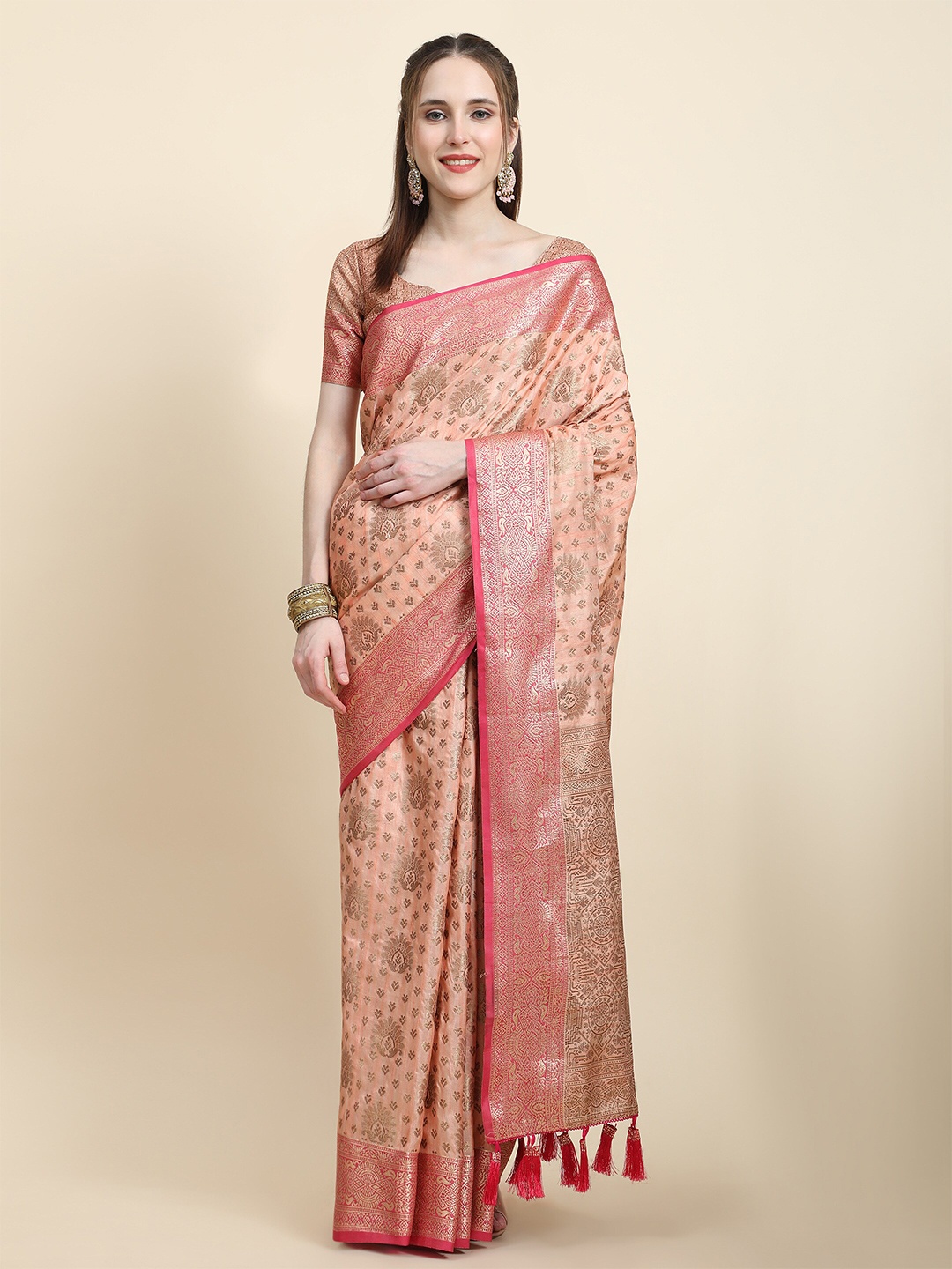 

PHEASANT Ethnic Motifs Woven Design Zari Silk Cotton Saree, Peach