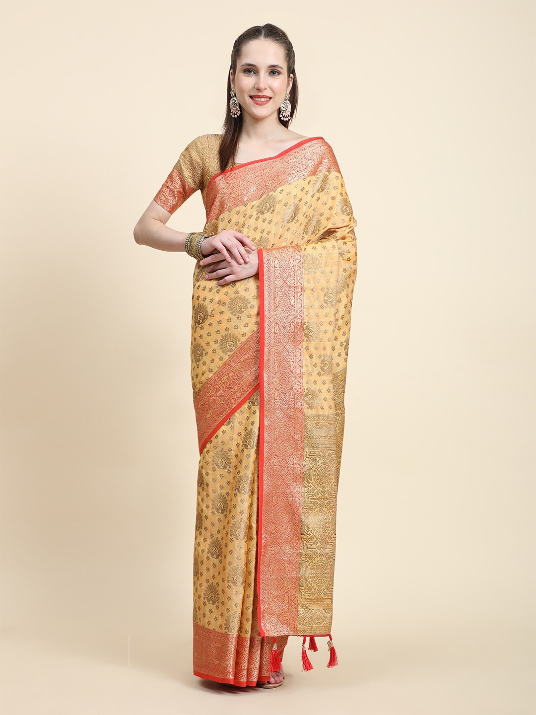

PHEASANT Ethnic Motifs Woven Design Zari Silk Cotton Saree, Yellow