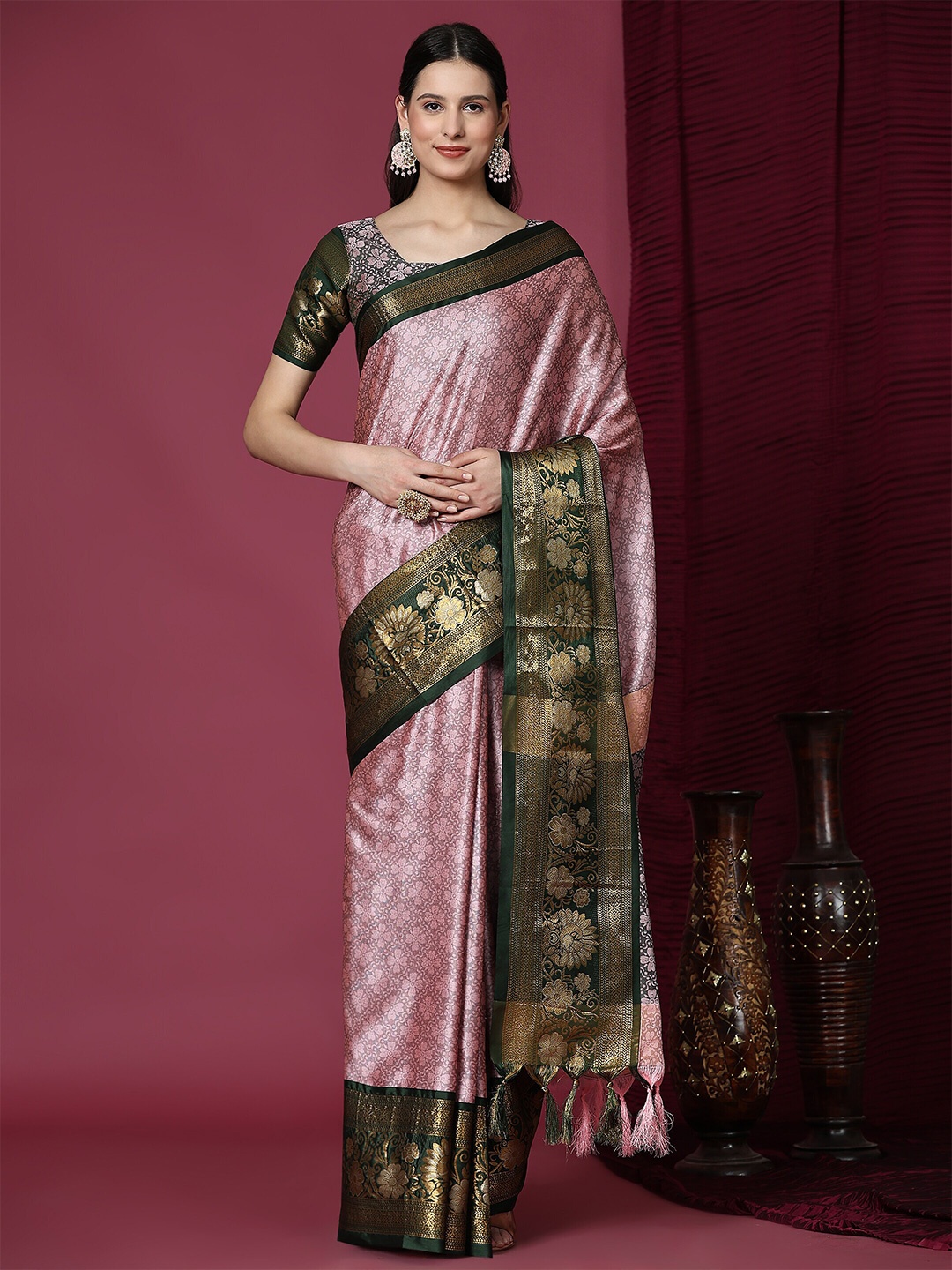 

PHEASANT Ethnic Motifs Woven Design Zari Silk Cotton Saree, Pink