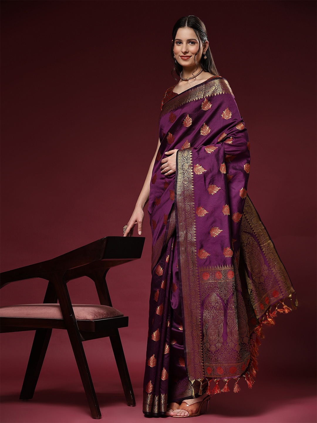 

PHEASANT Ethnic Motifs Woven Design Zari Saree, Purple
