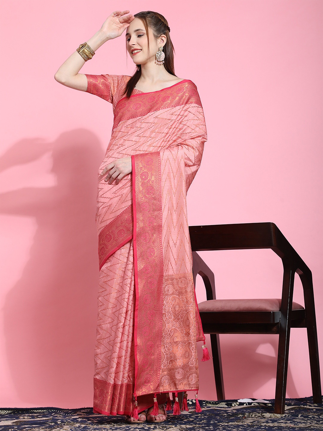 

PHEASANT Chevron Woven Design Zari Saree, Pink
