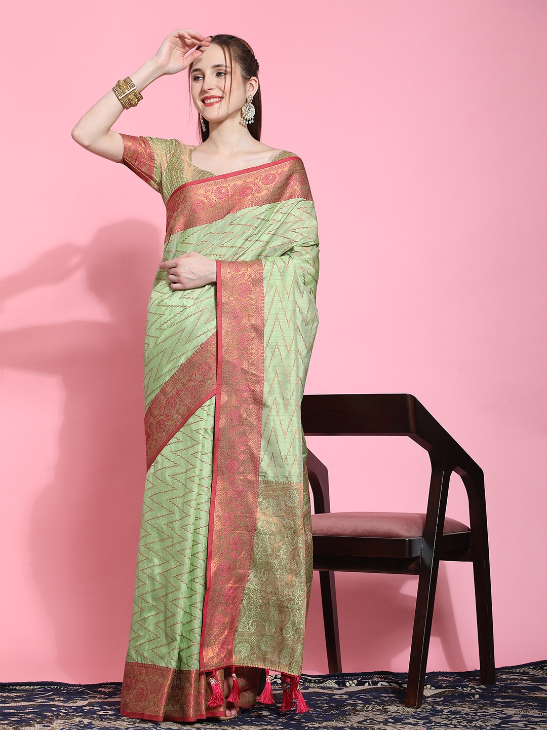 

PHEASANT Chevron Woven Design Zari Saree, Green