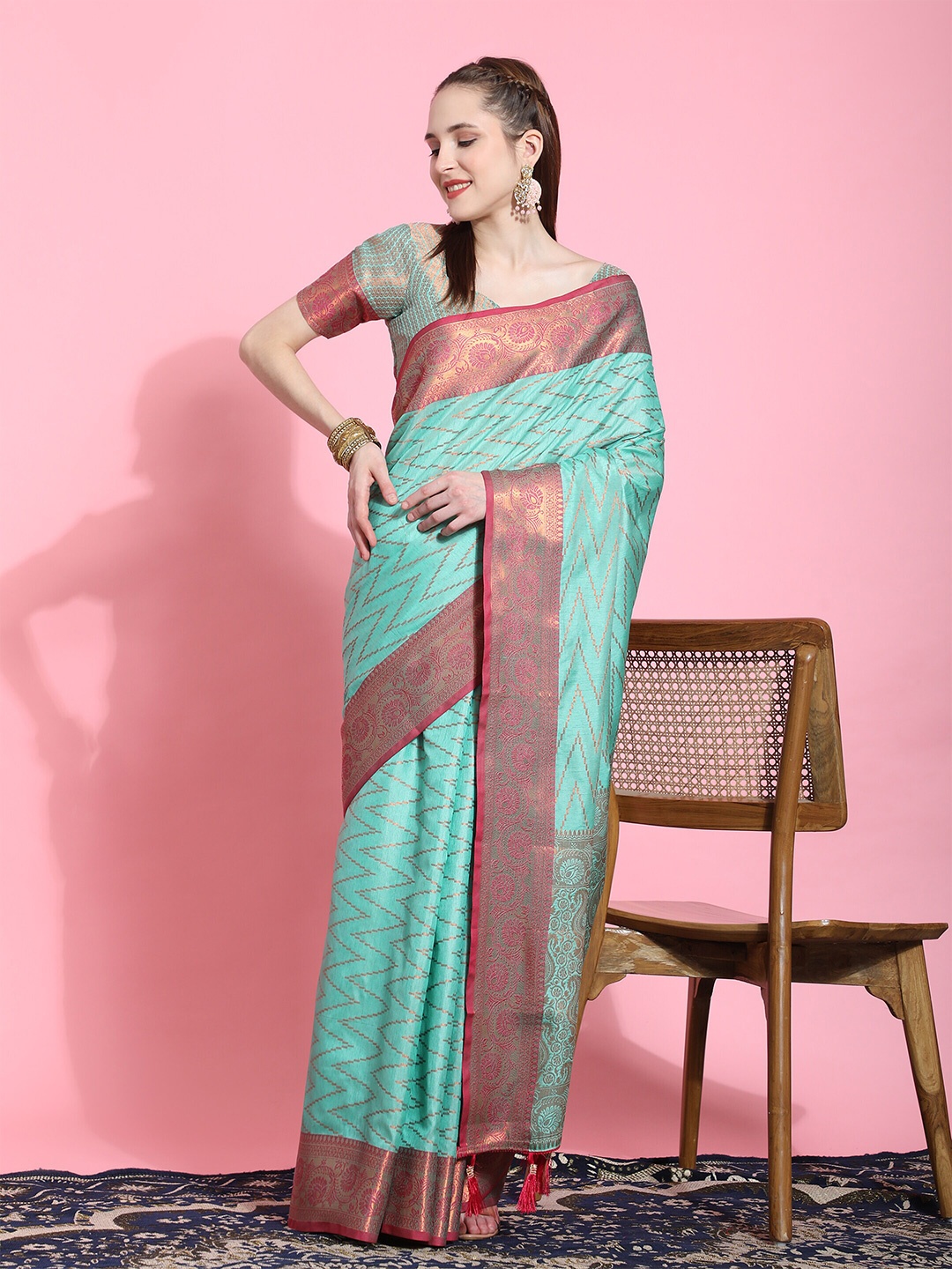 

PHEASANT Chevron Woven Design Zari Saree, Blue