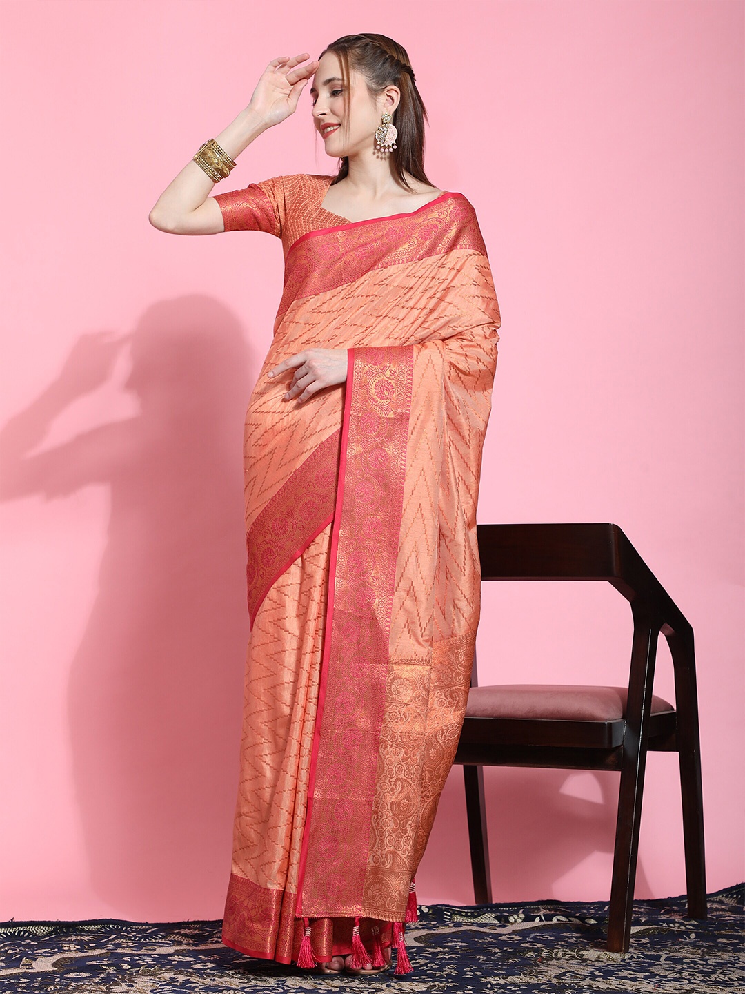 

PHEASANT Chevron Woven Design Zari Saree, Cream