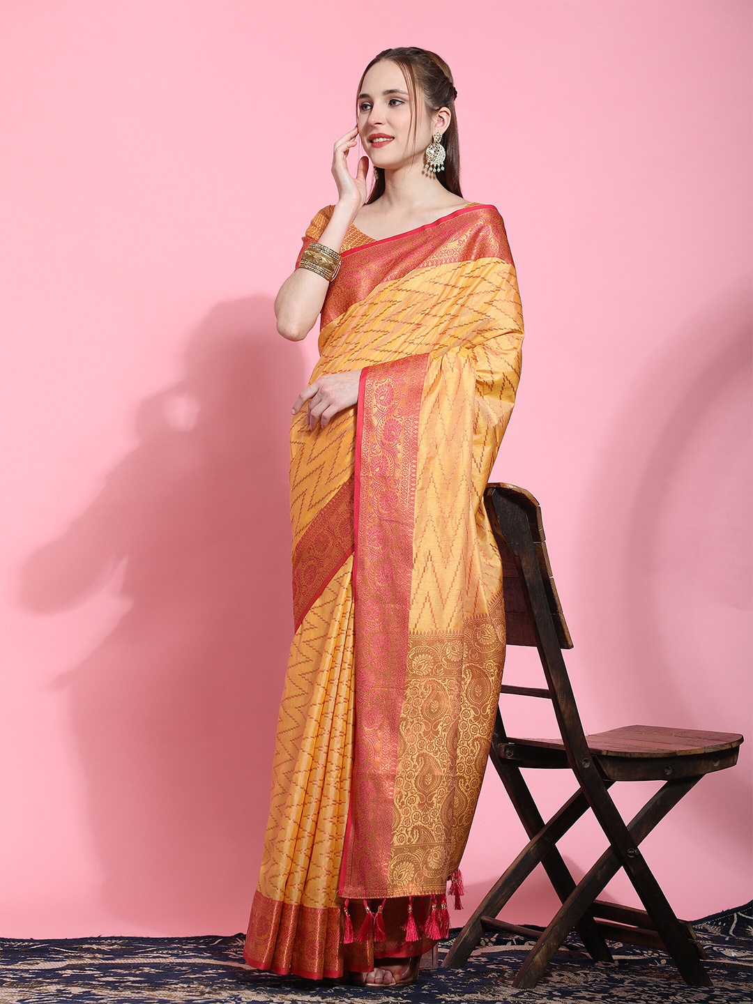 

PHEASANT Geometric Woven Design Zari Silk Cotton Saree, Yellow