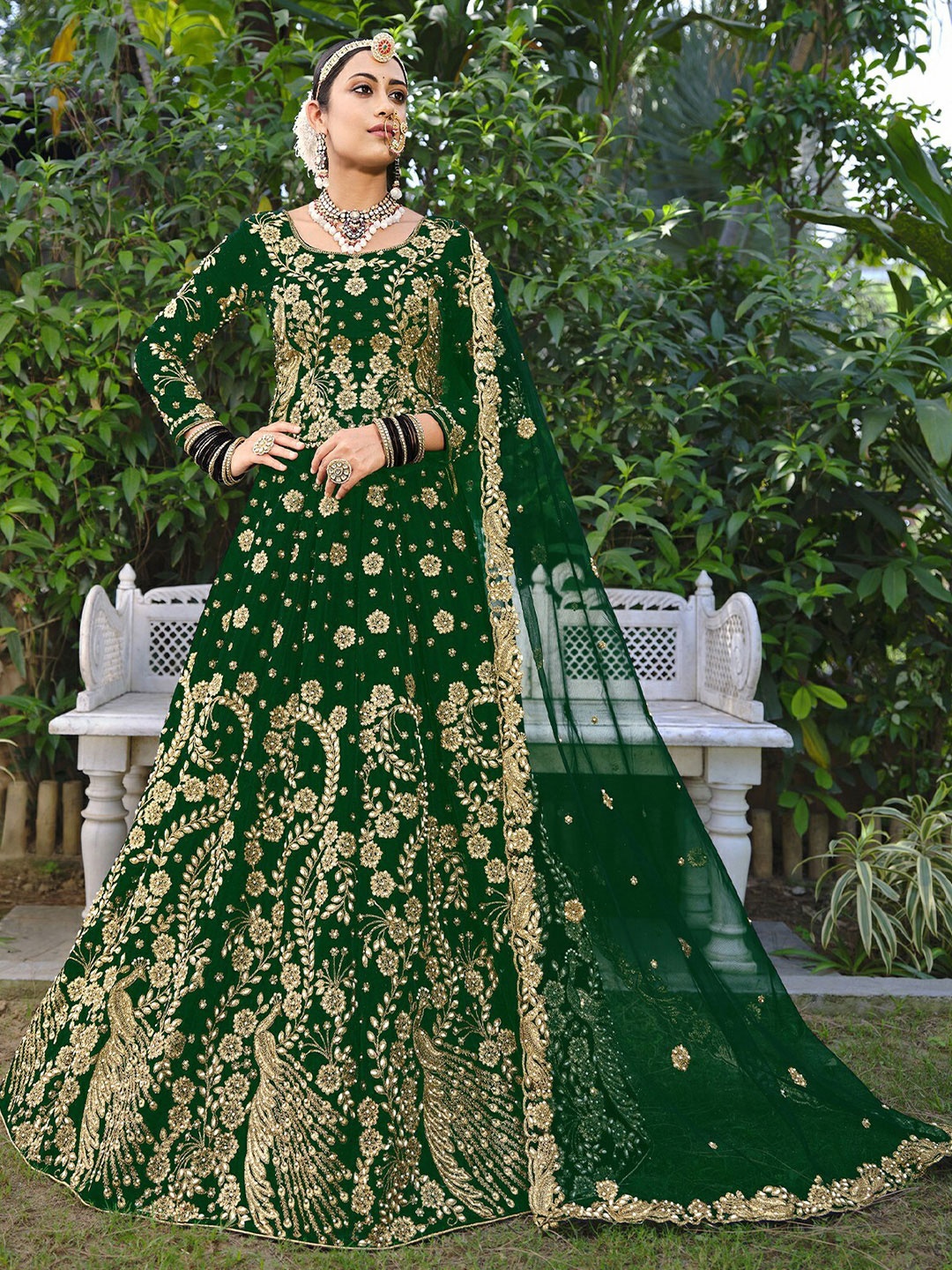 

ODETTE Embroidered Thread Work Semi-Stitched Lehenga & Unstitched Blouse With Dupatta, Green