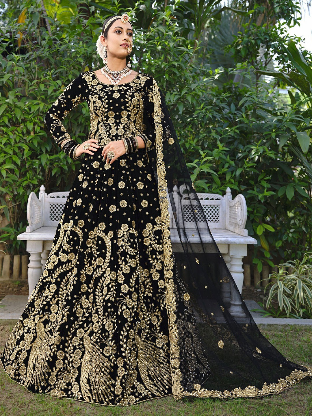 

ODETTE Embroidered Thread Work Semi-Stitched Lehenga & Unstitched Blouse With Dupatta, Black