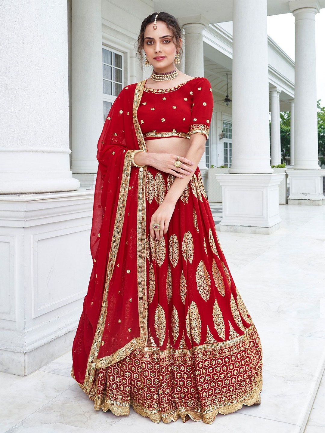 

ODETTE Embellished Semi-Stitched Lehenga & Unstitched Blouse With Dupatta, Red