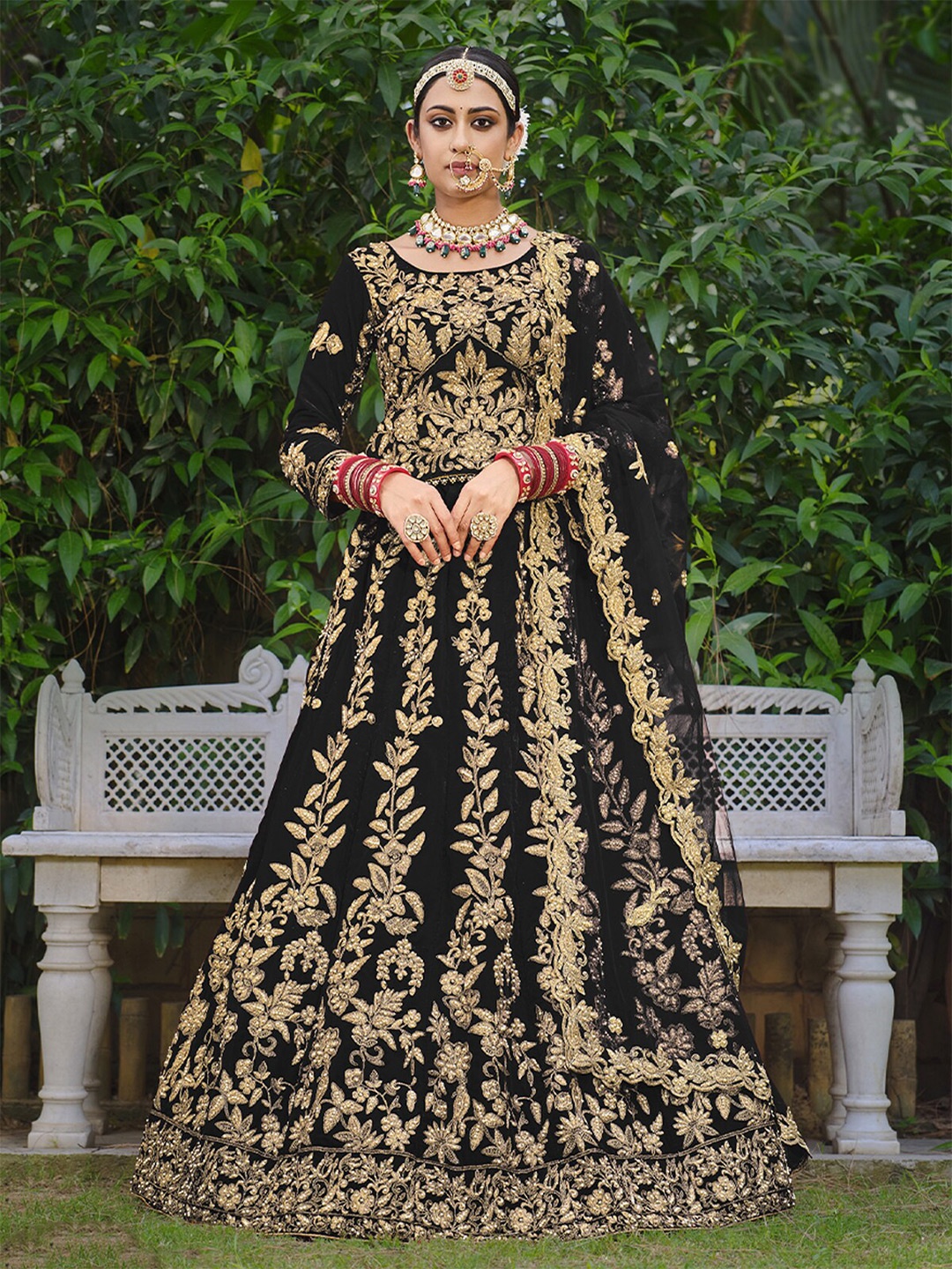

ODETTE Embroidered Thread Work Semi-Stitched Lehenga & Unstitched Blouse With Dupatta, Black