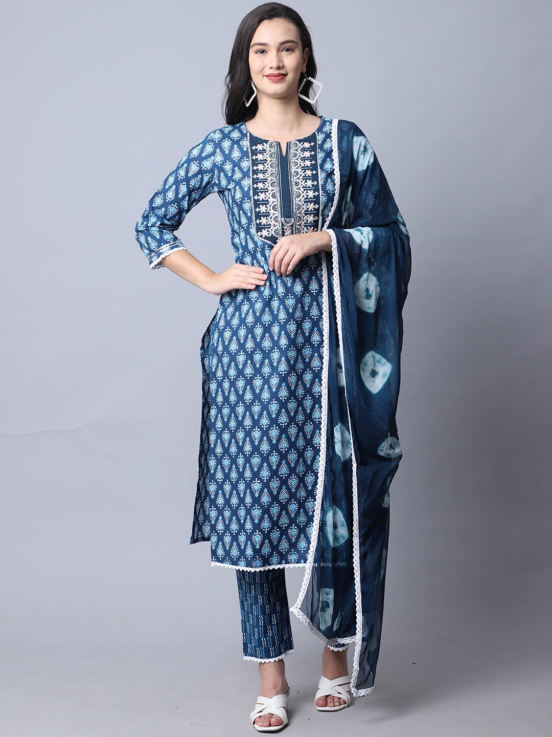 

Roly Poly Floral Printed Pure Cotton Kurta With Trousers & Dupatta, Blue