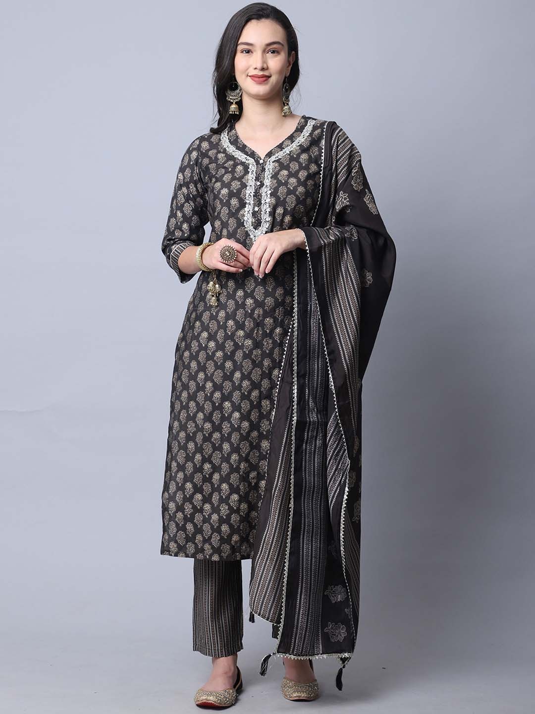 

Roly Poly Floral Printed Pure Cotton Kurti With Trousers & Dupatta, Grey