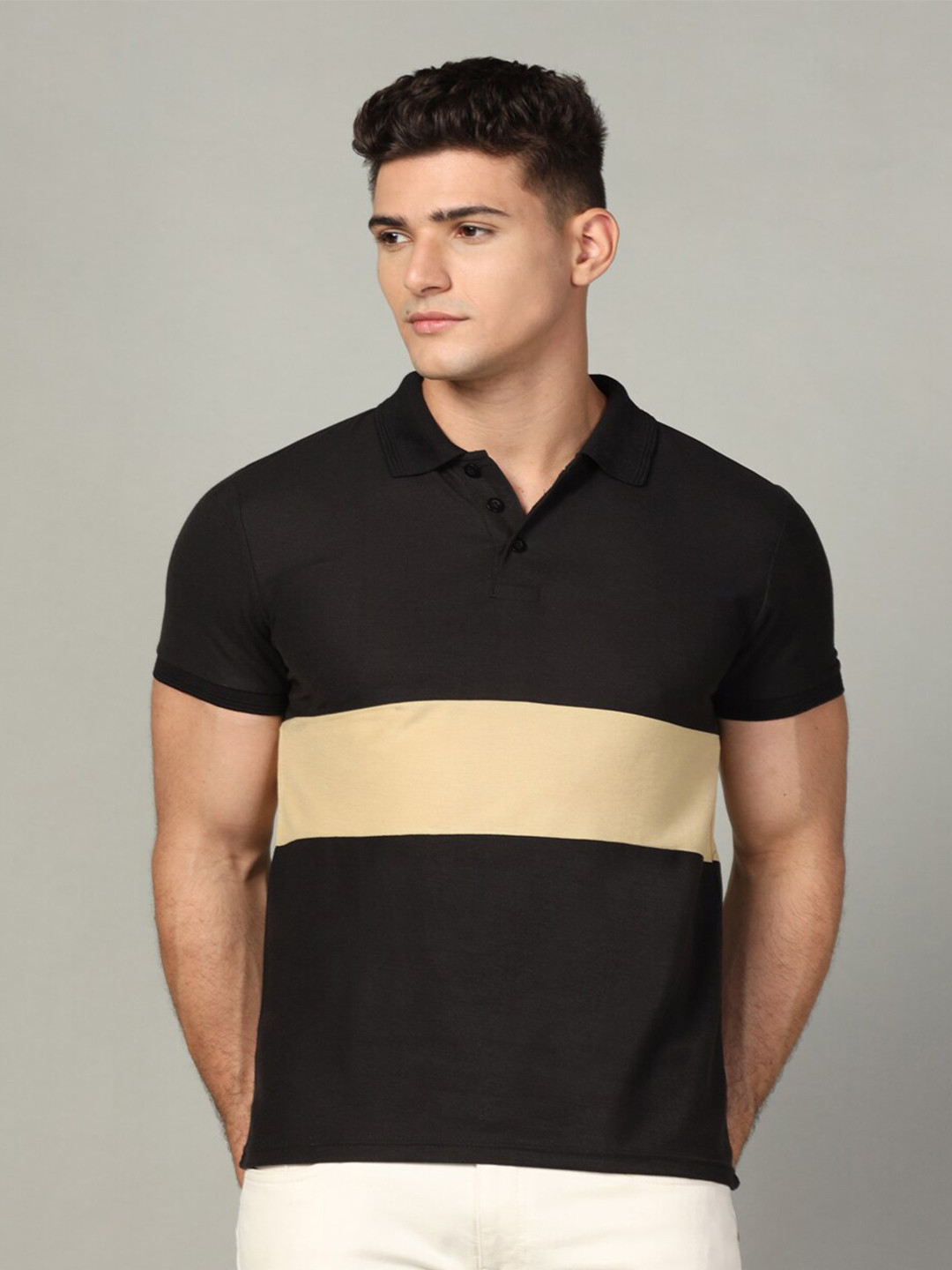 

INKKR Colourblocked Polo Collar Cotton T-Shirt, Black