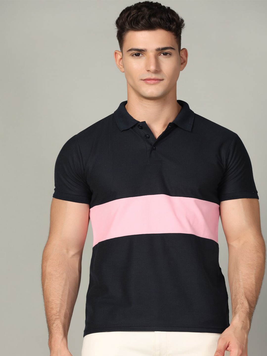 

INKKR Colourblocked Polo Collar Cotton T-Shirt, Black