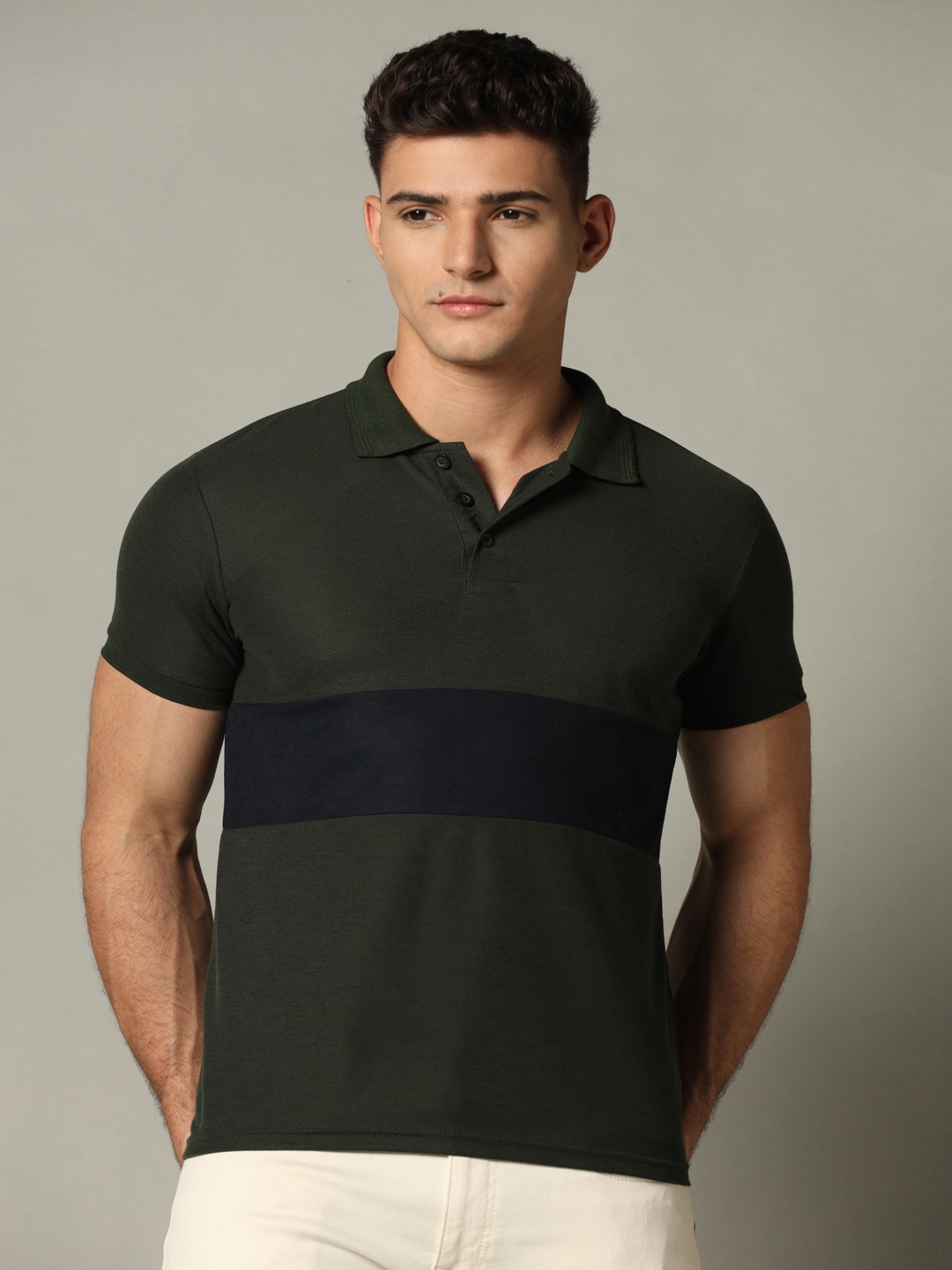 

INKKR Striped Polo Collar Cotton T-shirt, Olive