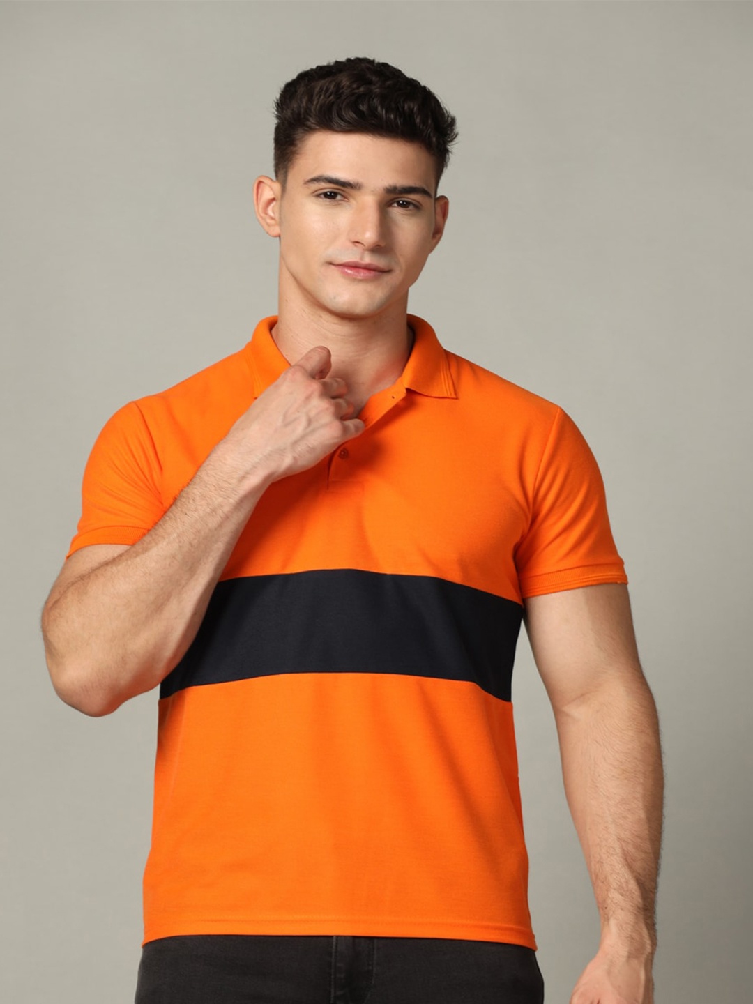 

INKKR Striped Polo Collar Cotton T-shirt, Orange