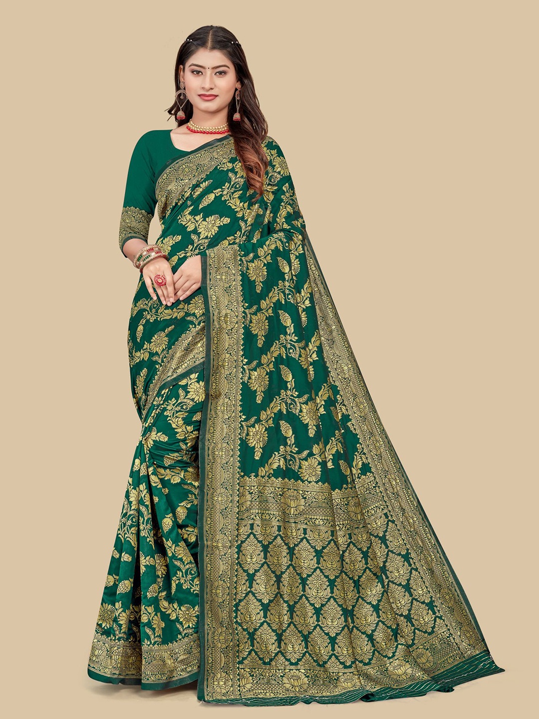 

Dori Floral Woven Design Zari Saree, Green
