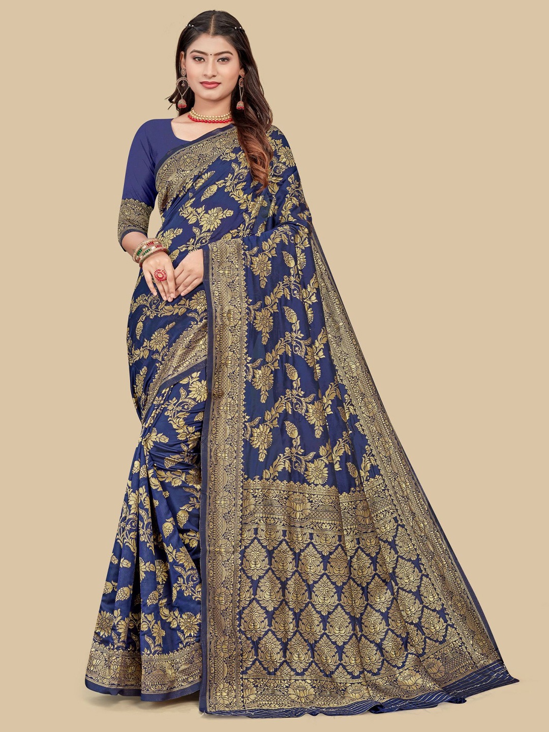 

Dori Floral Woven Design Zari Saree, Navy blue