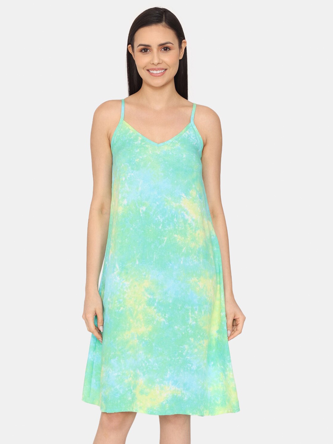 

Zivame Tie & Dye Printed Shoulder Straps Nightdress, Green