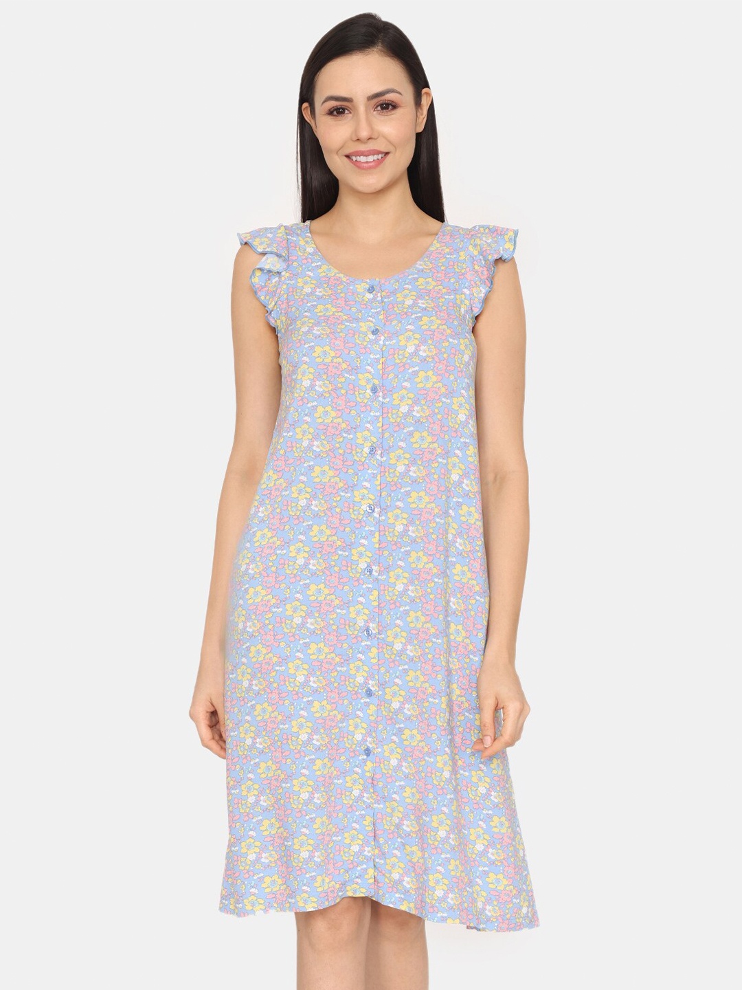 

Zivame Floral Printed Flutter Sleeves Nightdress, Blue