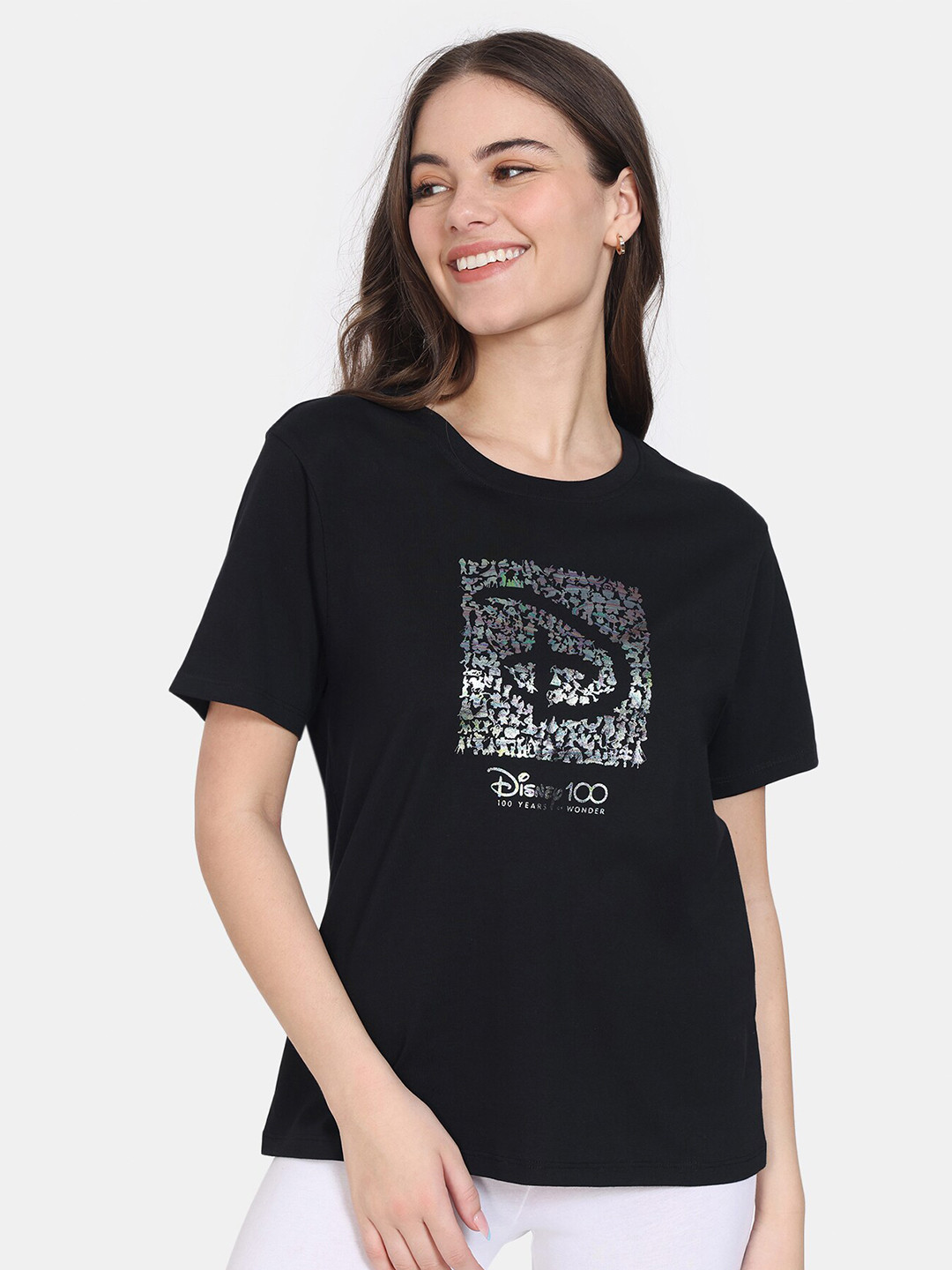 

Zivame Graphic Printed Cotton T-Shirt, Black