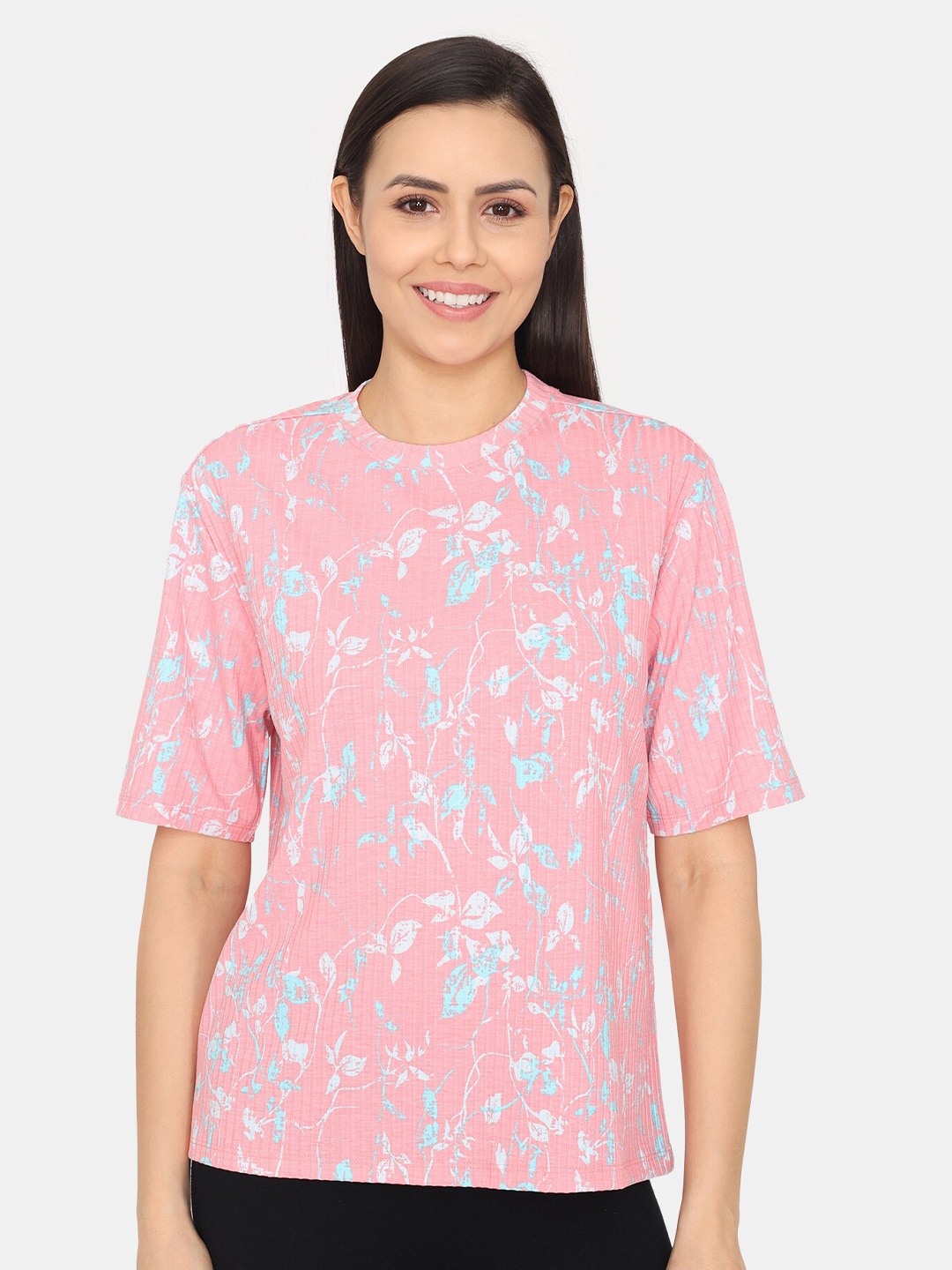 

Zivame Floral Printed Round Neck T-Shirt, Pink