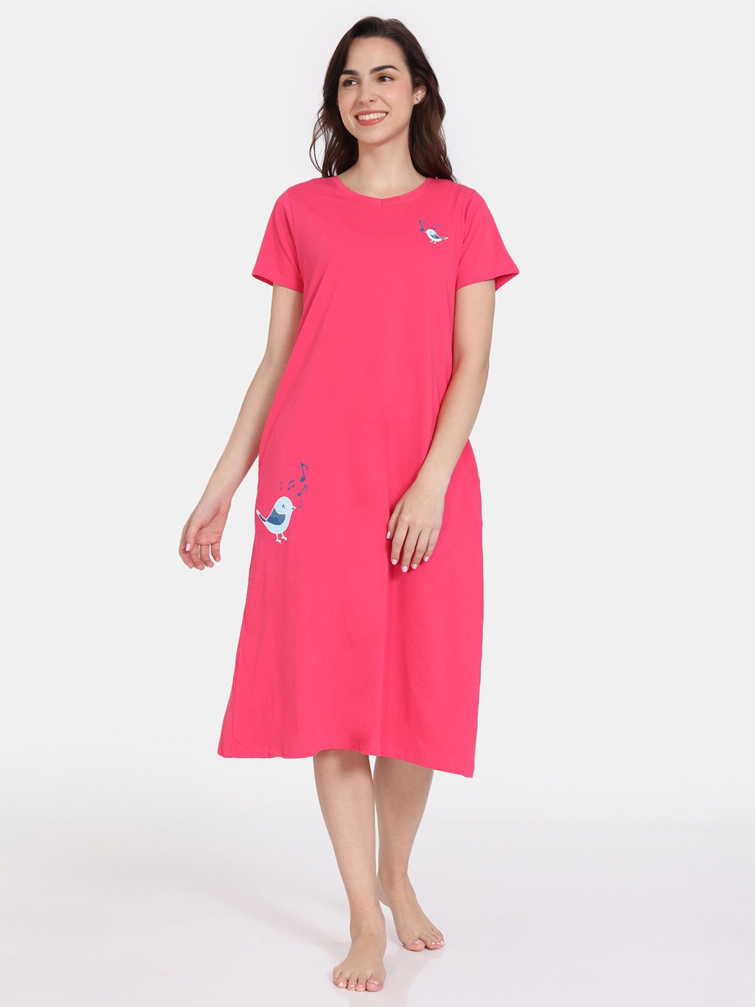 

Zivame Knee Length Pure Cotton T-Shirt Nightdress, Pink