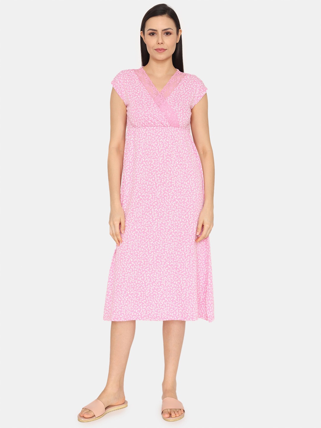 

Zivame Floral Printed V-Neck Knee Length Regular Nightdress, Pink