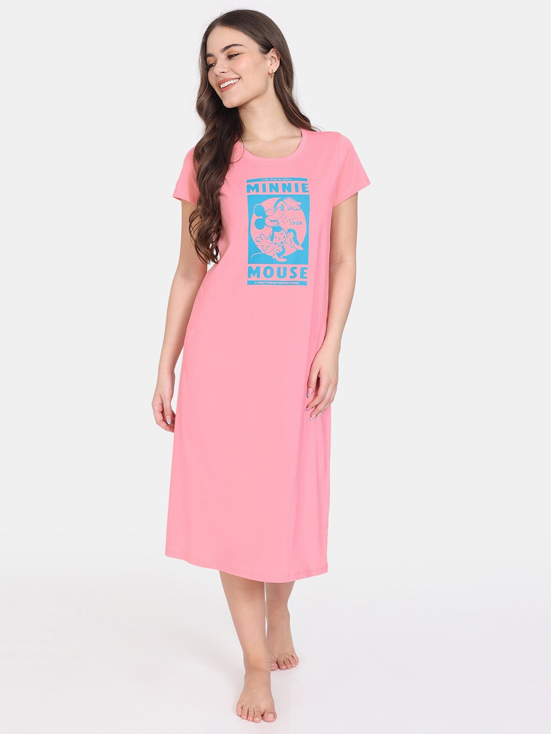 

Zivame Minnie Mouse Graphic Printed Pure Cotton Nightdress, Pink