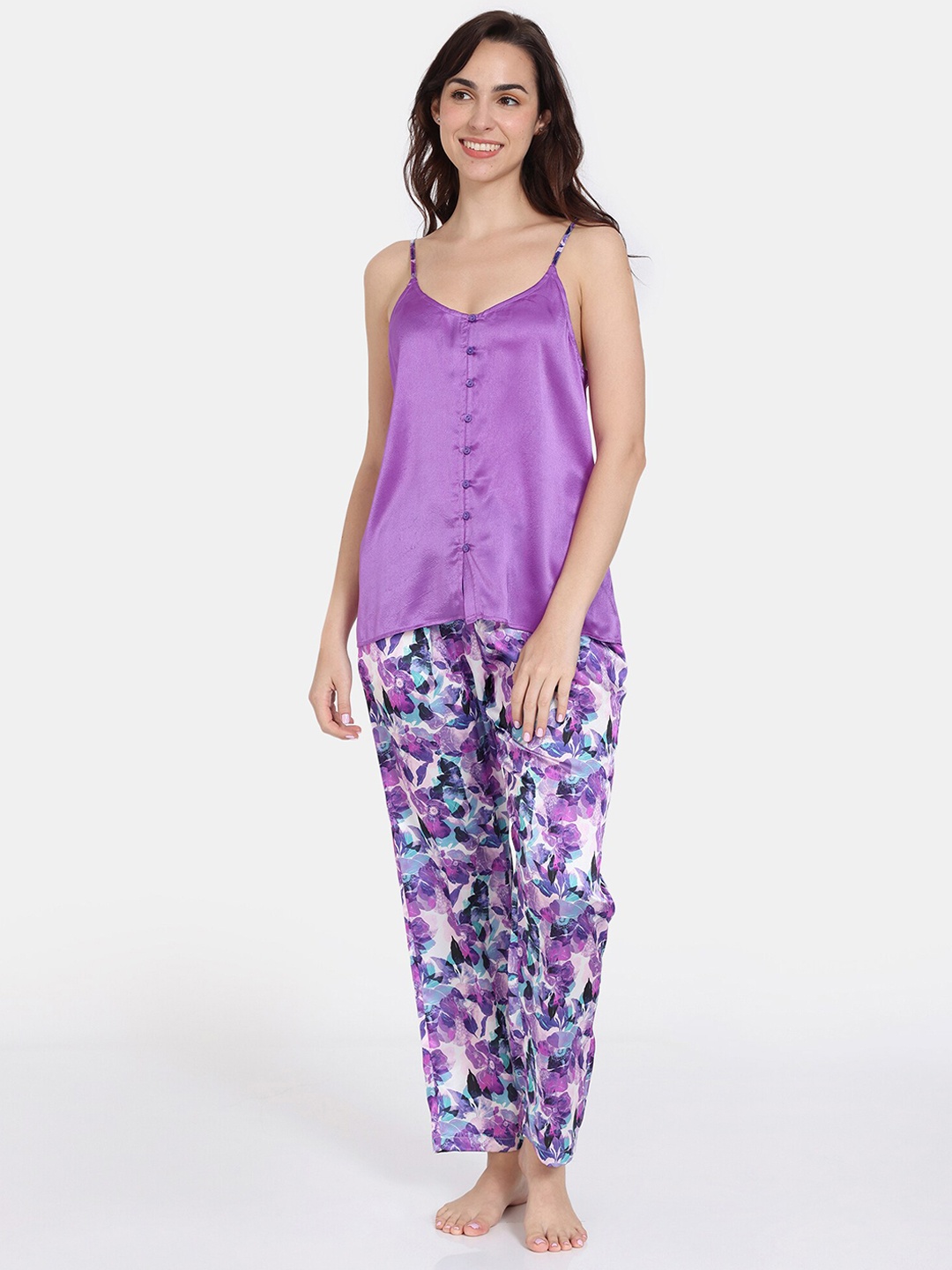 

Zivame Floral Printed Shoulder Straps Night suit, Purple