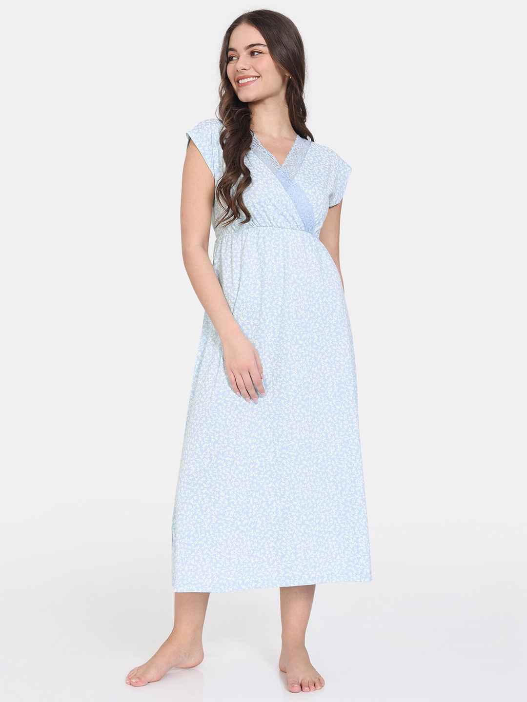 

Zivame Conversational Printed V-Neck Pure Cotton Maxi Nightdress, Blue