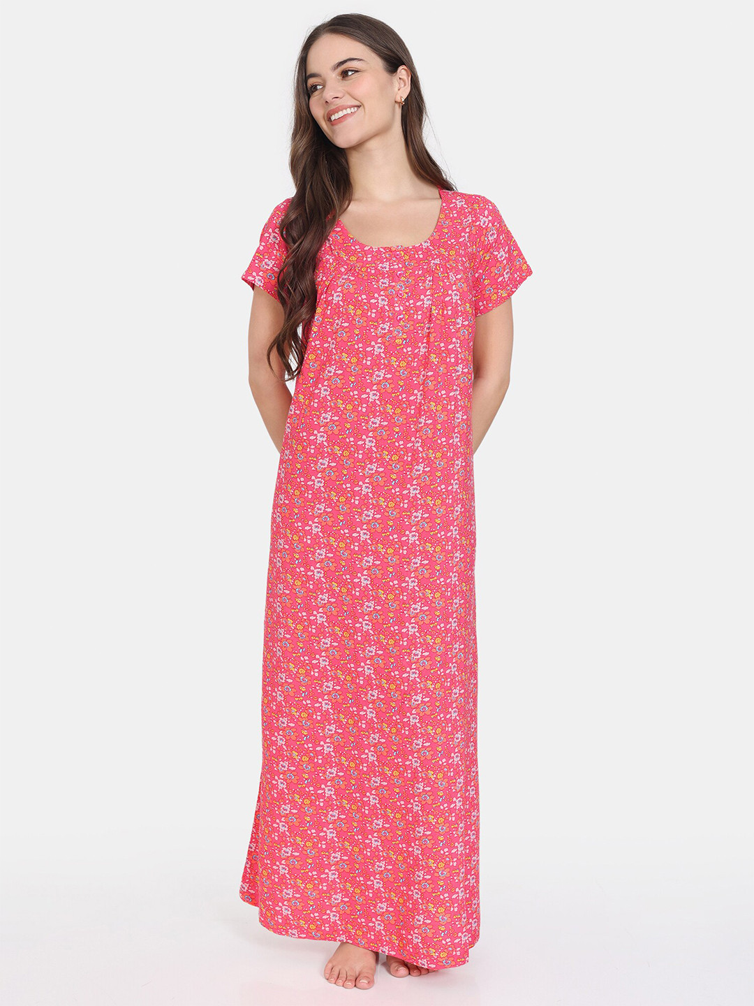 

Zivame Floral Printed Round Neck Maxi Nightdress, Red