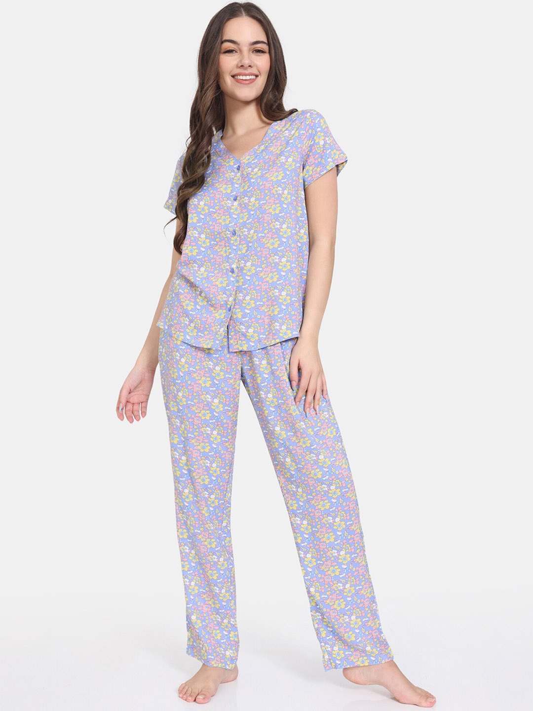 

Zivame Floral Printed Night Suit, Blue