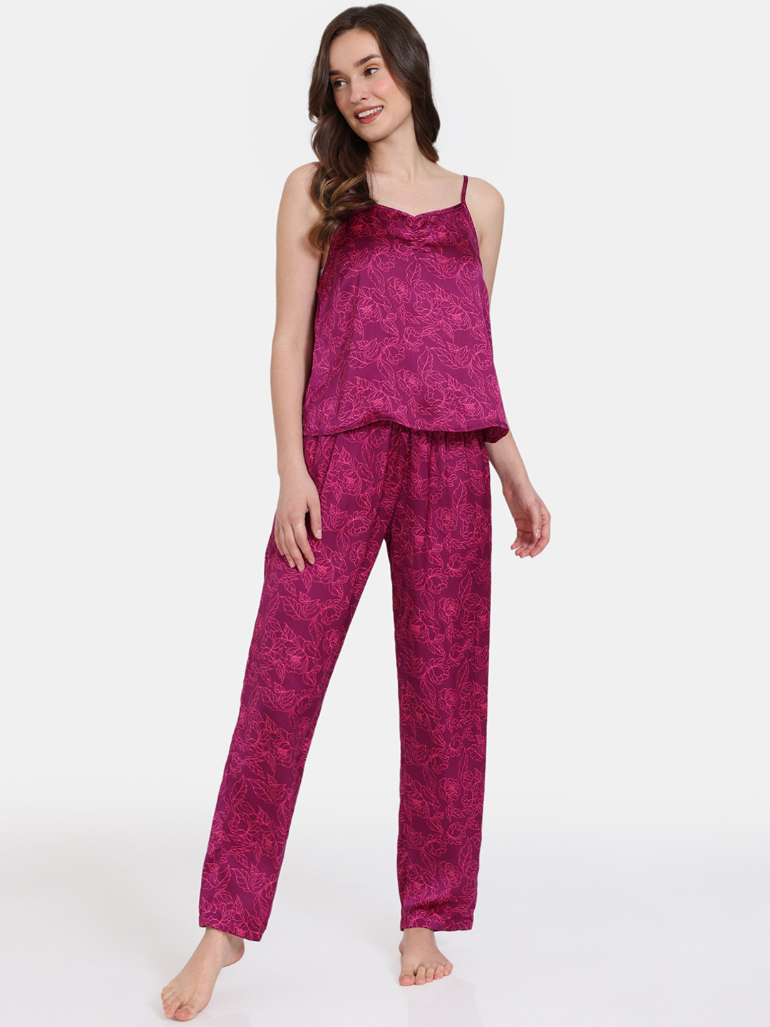

Zivame Floral Printed Satin Night suit, Purple
