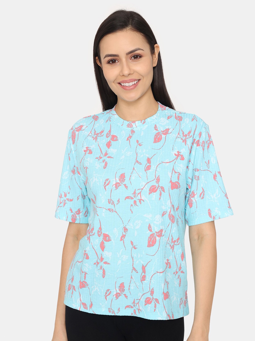 

Zivame Mandarin Collar Floral Printed Top, Blue