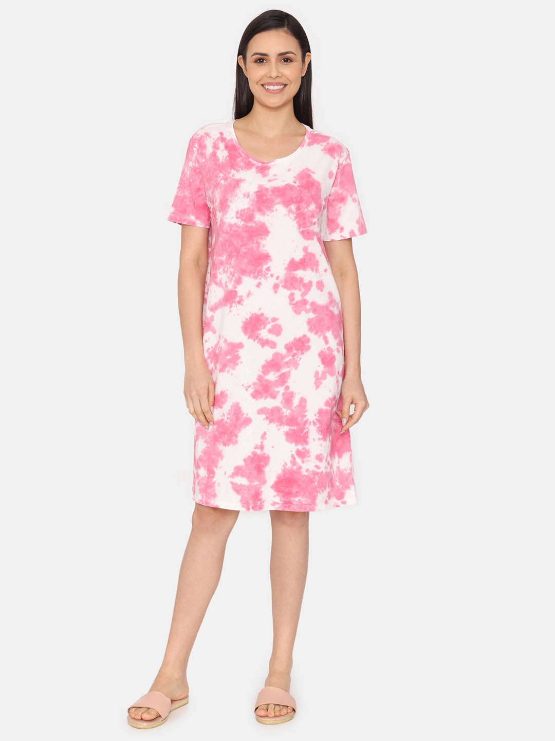 

Zivame Tie & Dye Knee Length Pure Cotton Nightdress, Pink