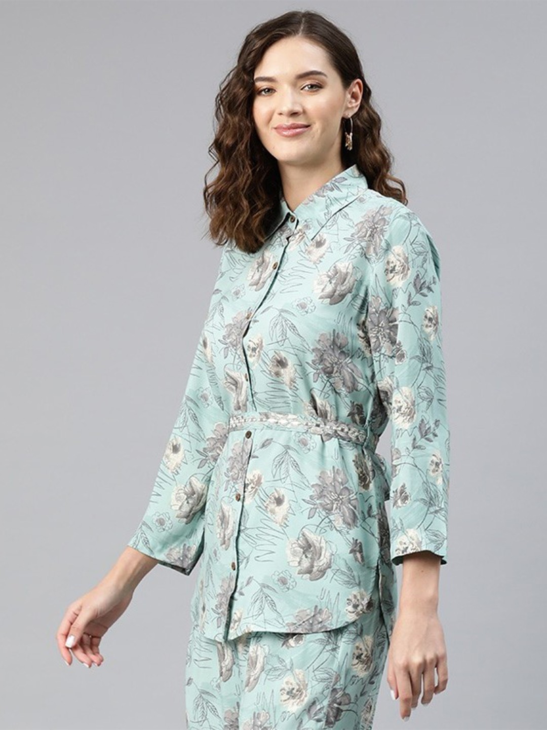 

Readiprint Women Floral Printed Shirt with Palazzos & Belt, Sea green