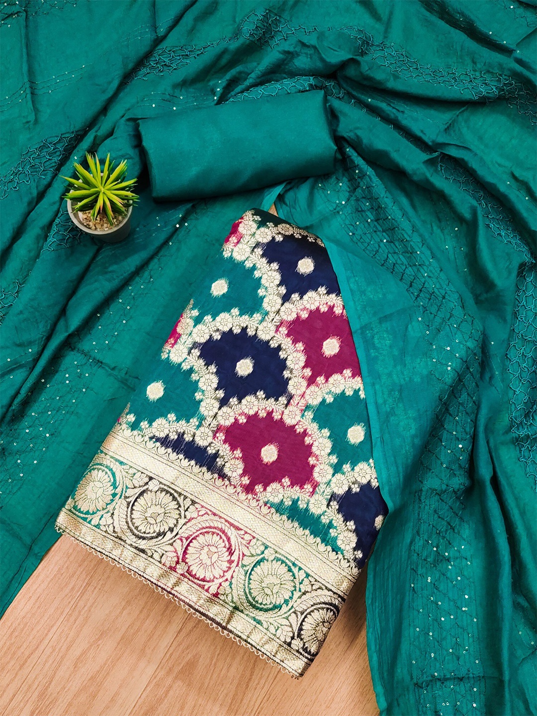 

KALINI Ethnic Motifs Woven Design Organza Unstitched Dress Material, Sea green