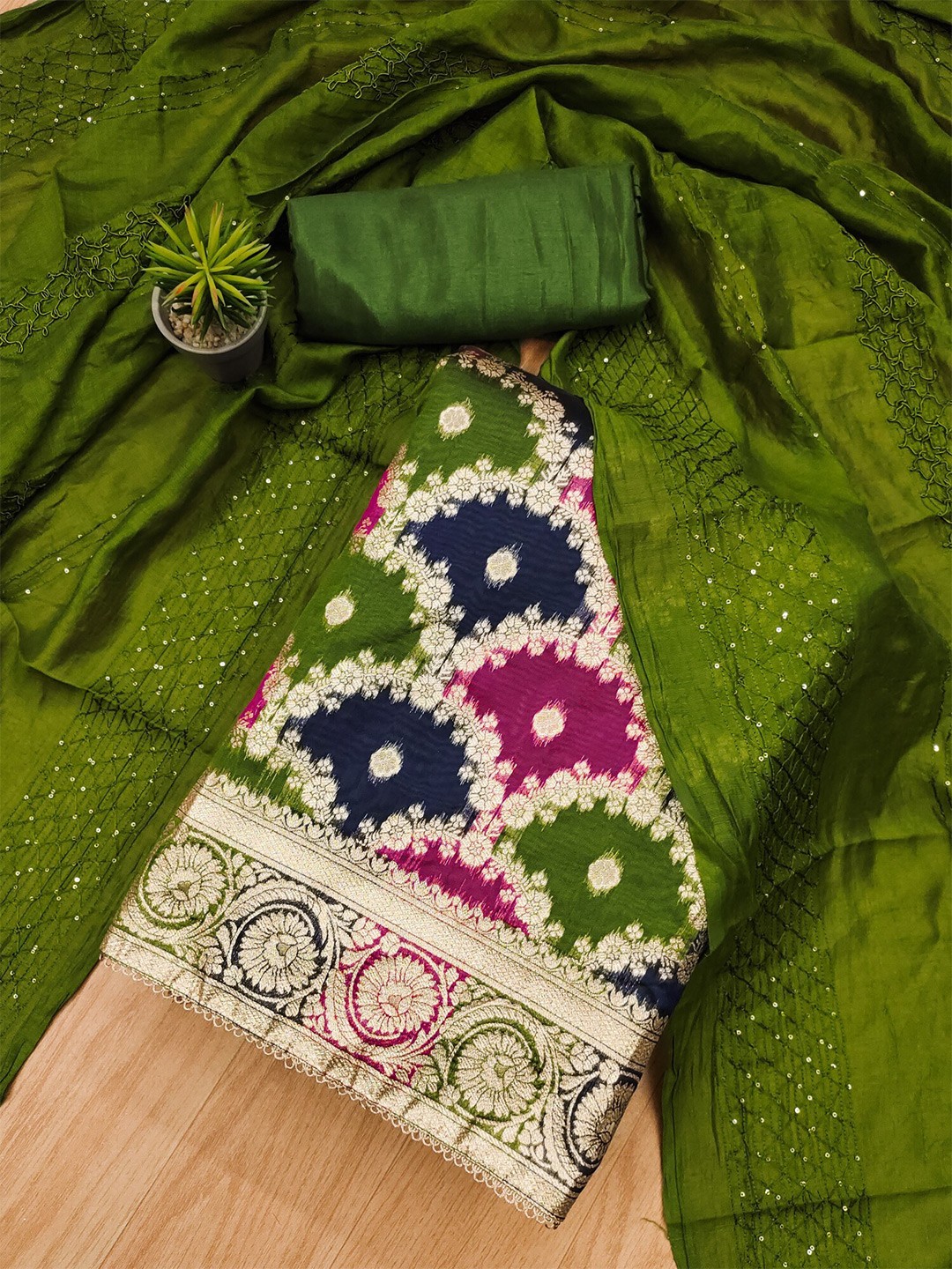 

KALINI Embellished Organza Unstitched Dress Material, Green