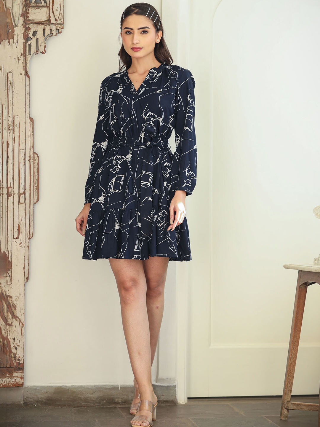 

FASHION DWAR Abstract Printed Belted Mandarin Collar A-Line Dress, Navy blue