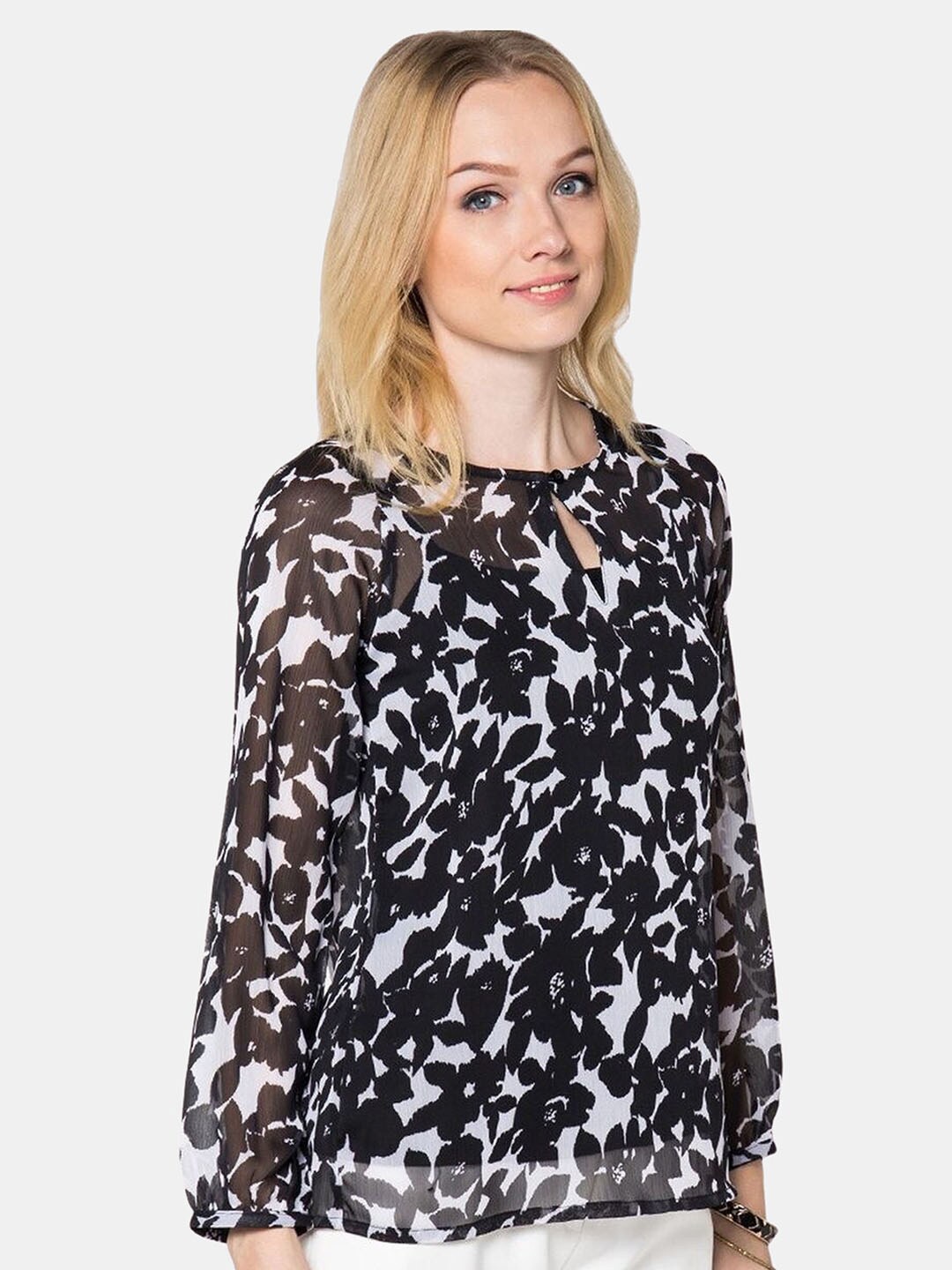 

Chanira La Parezza Floral Printed Keyhole Neck Regular Top, Black