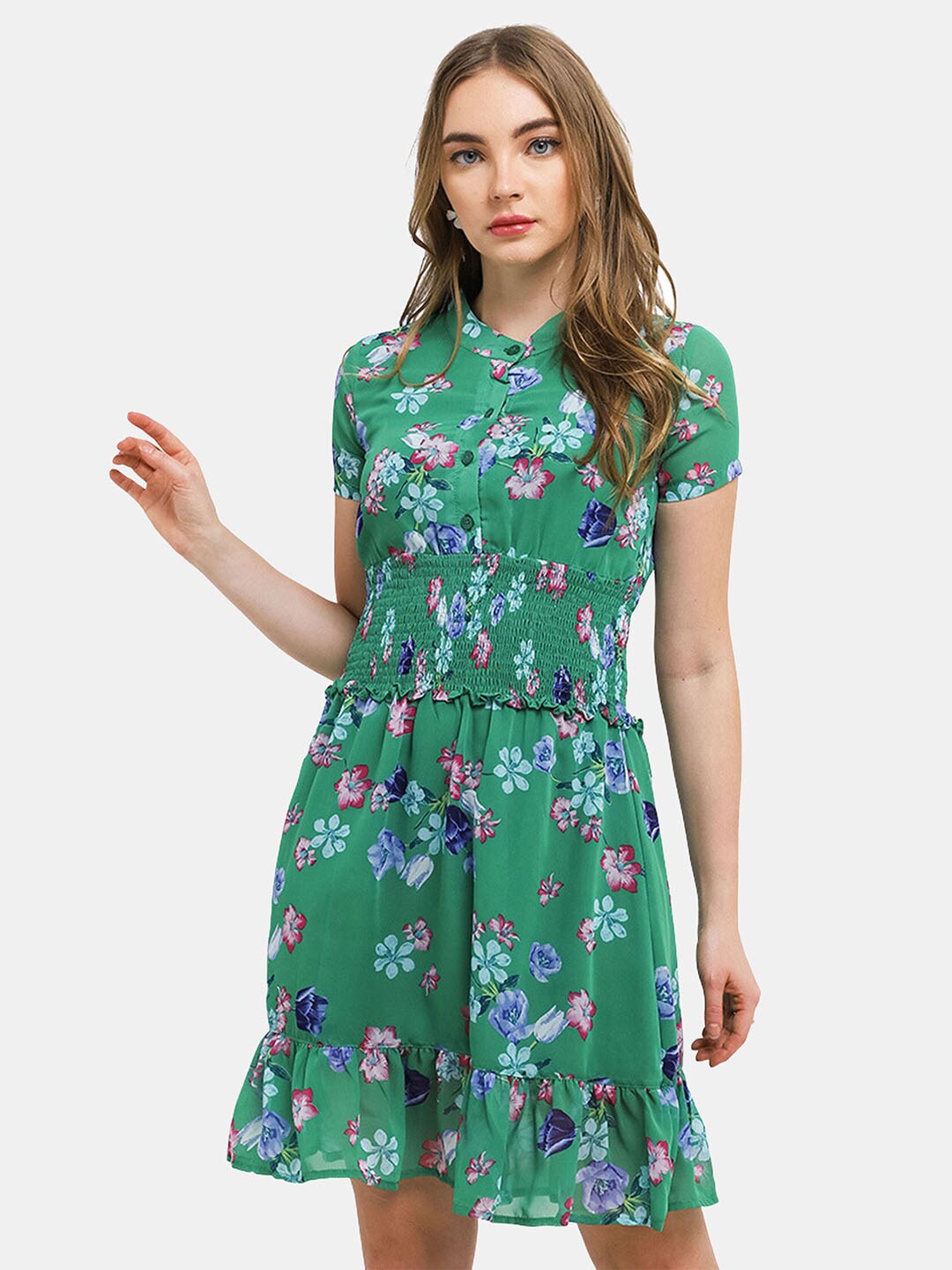 

Chanira La Parezza Floral Printed Mandarin Collar Smocked Detailed Fit & Flare Dress, Green