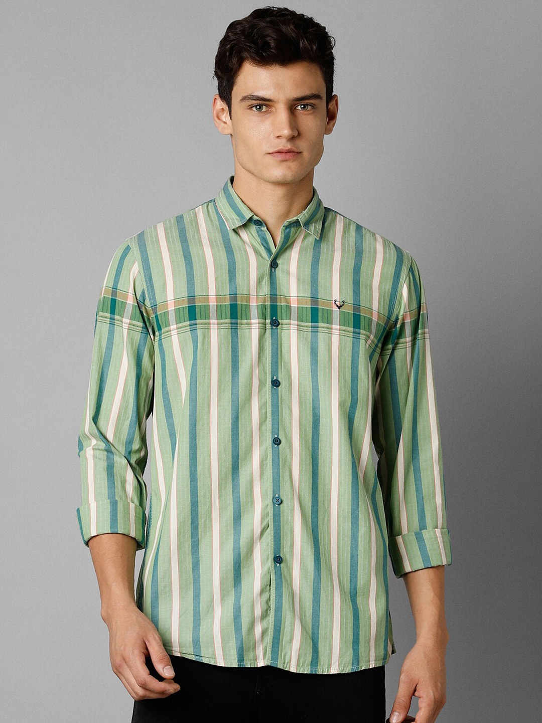 

Allen Solly Sport Spread Collar Opaque Striped Pure Cotton Casual Shirt, Green